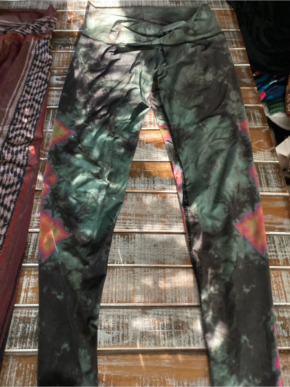 teeki Olive Green Tie-Dye Leggings with Black Waistband